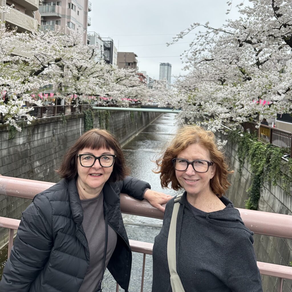 Janice and Sue with sakura blossoms in Nakameguro, Tokyo